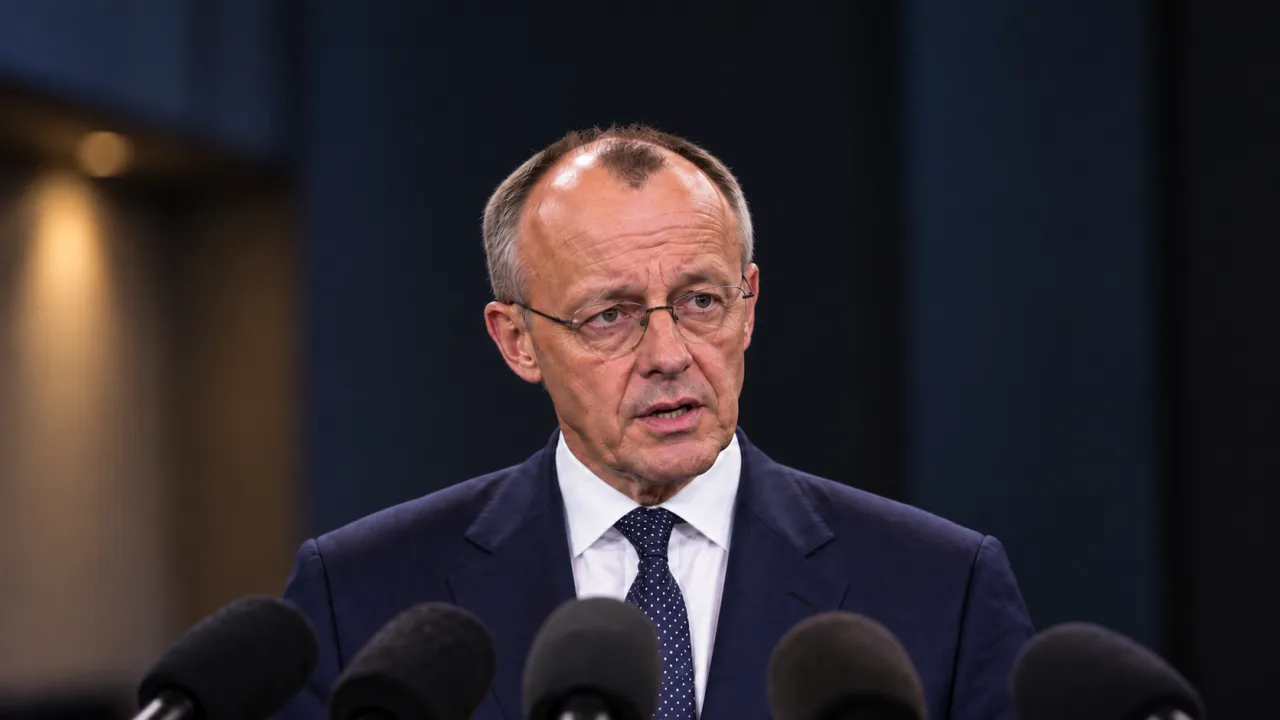 Illustration générée par IA : en plan poitrine serré, Friedrich Merz seul, grave et en pleine phrase, regarde hors caméra devant des micros anonymes flous dans une salle sombre vide.