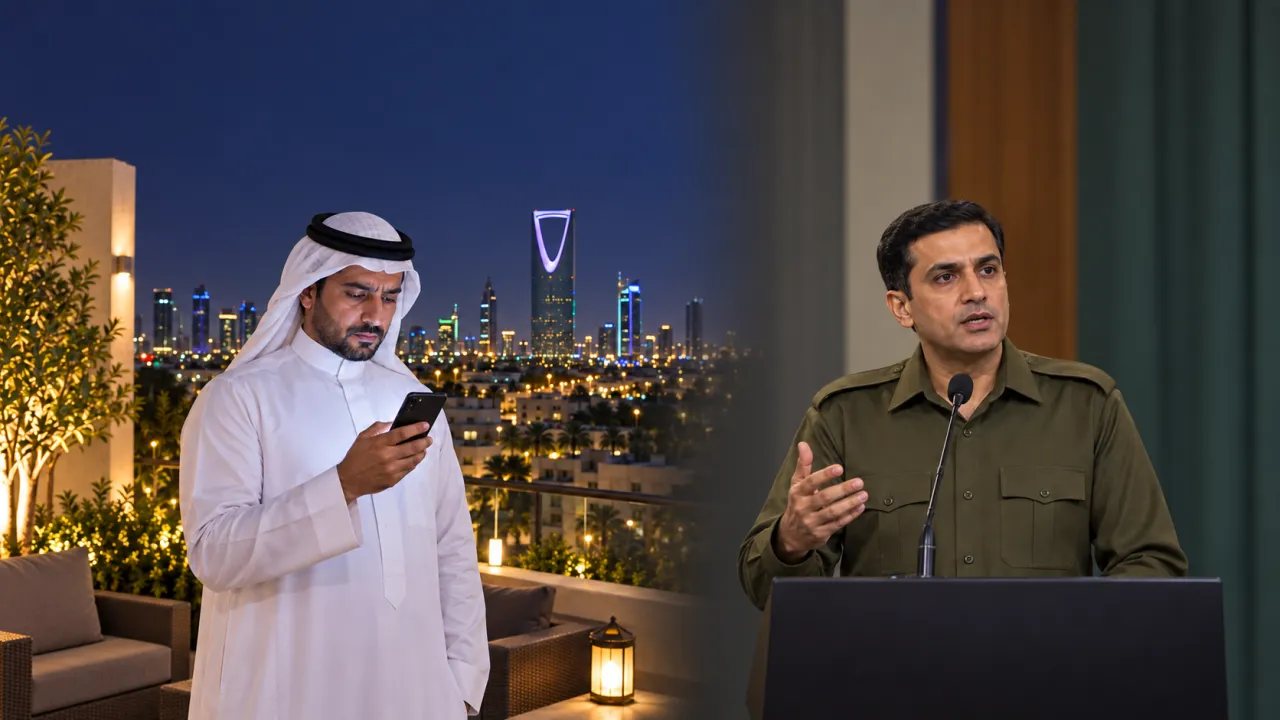 Illustration photoréaliste générée par IA : un habitant consulte son téléphone devant la ligne d’horizon nocturne intacte de Riyad, dans une scène fondue avec un officier pakistanais anonyme parlant au microphone dans un lieu séparé.