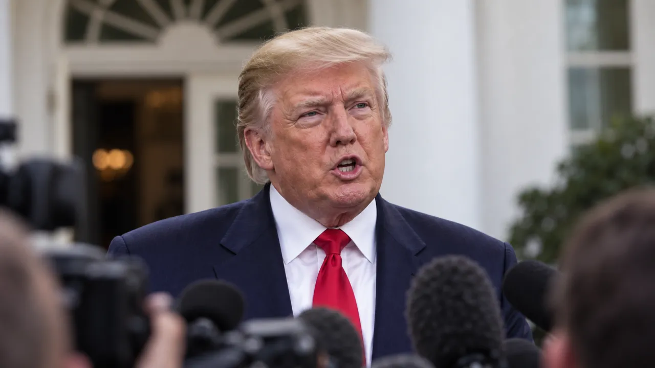 Illustration générée par IA : Donald Trump répond aux journalistes devant l’entrée de l’aile ouest de la Maison-Blanche, derrière des caméras et microphones anonymes au premier plan.