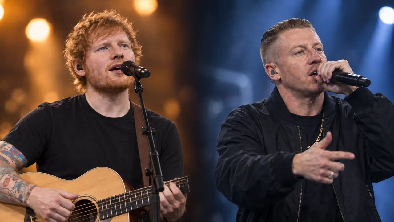 Illustration photoréaliste générée par IA : Ed Sheeran seul au micro avec sa guitare acoustique, dans un montage avec Macklemore tenant un micro lors d’un autre concert, dans une scène distincte.