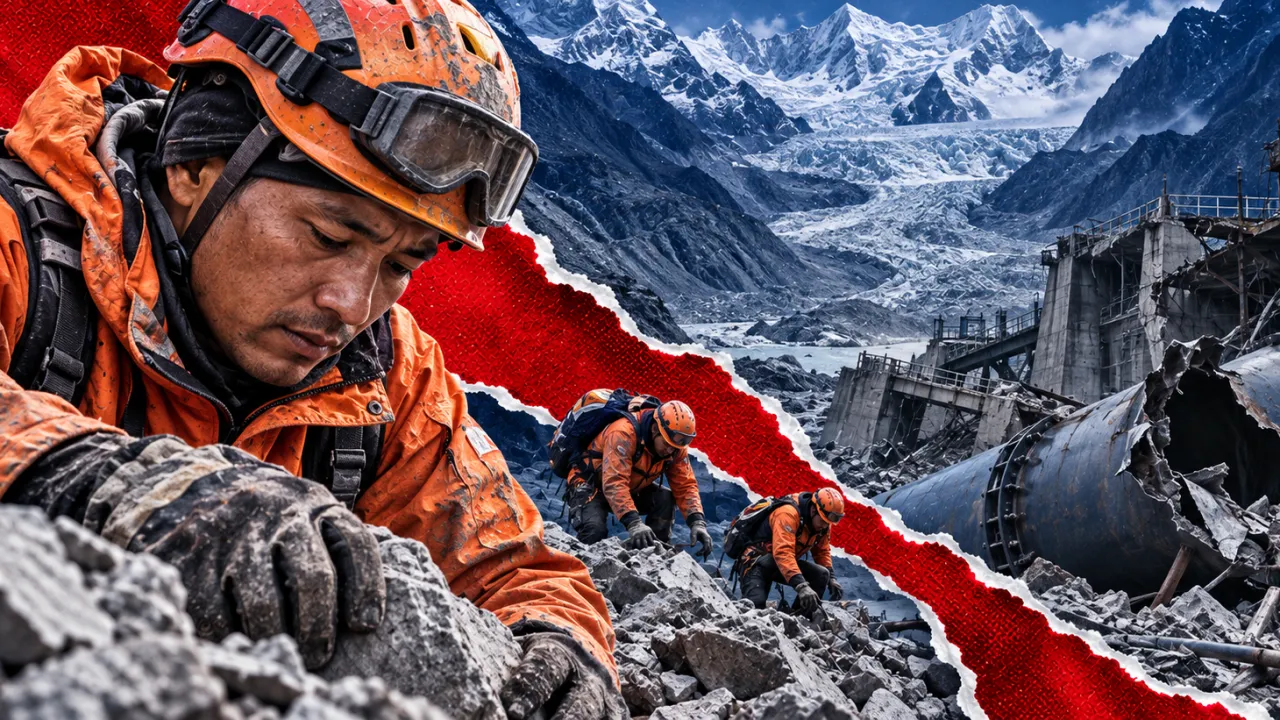 Photomontage illustratif : des secouristes fouillent des décombres hydroélectriques dans une vallée himalayenne.