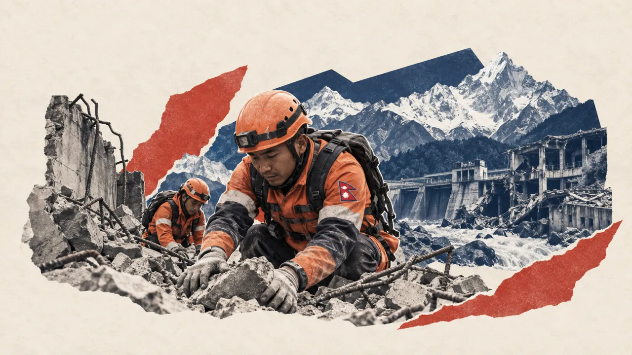 Collage éditorial illustratif sur papier : des secouristes fouillent des décombres hydroélectriques dans une vallée himalayenne.
