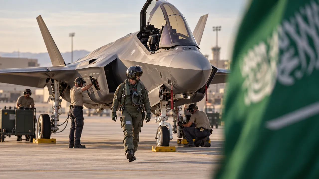 Illustration générée par IA : F-35 et personnel au sol, évocation du projet de vente à l’Arabie saoudite.