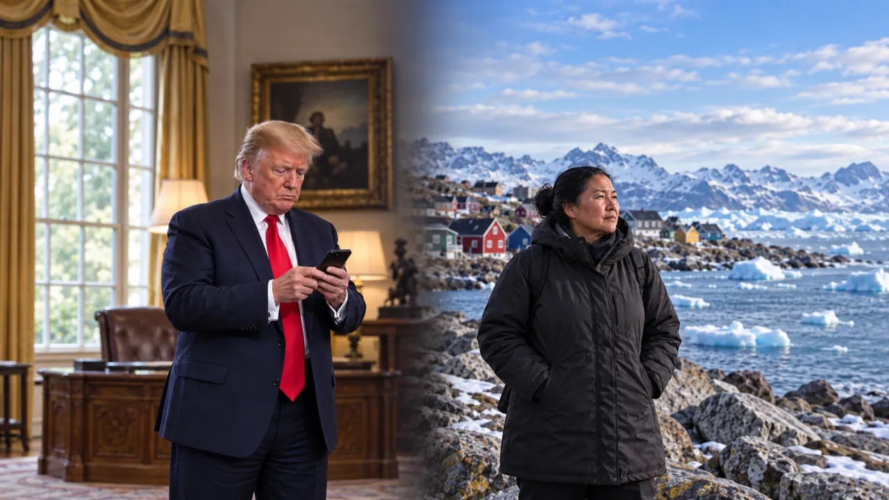 Illustration photoréaliste générée par IA : Donald Trump consulte seul un téléphone dans un intérieur, dans une scène fondue avec une habitante sur une côte évoquant Nuuk au Groenland.