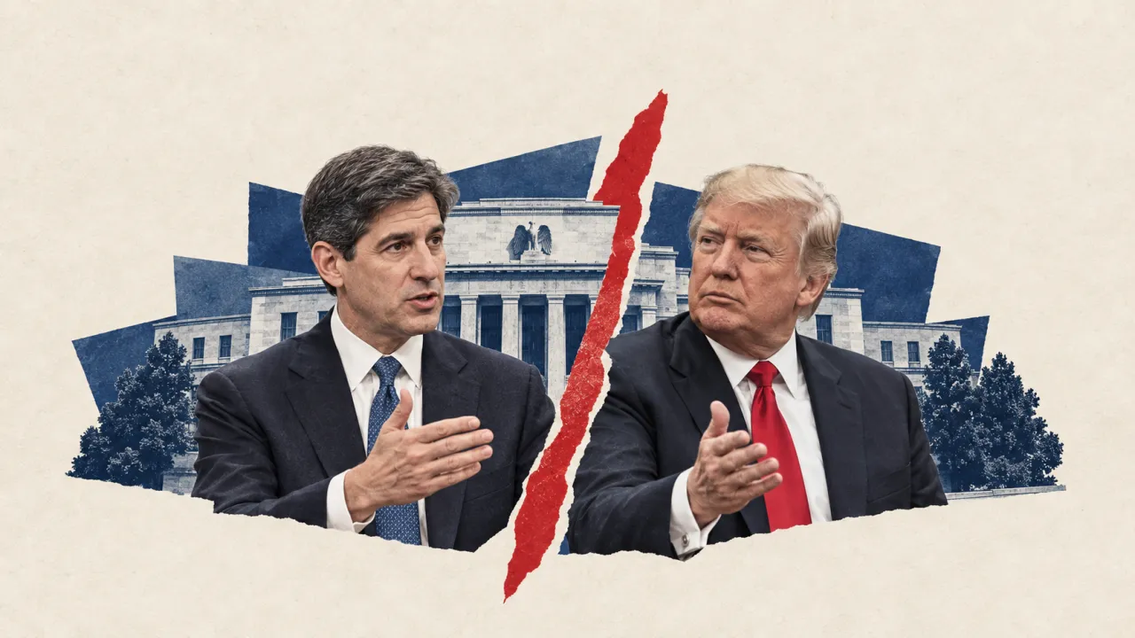 Collage éditorial illustratif sur papier : Kevin Warsh et Donald Trump devant la Réserve fédérale et la Maison-Blanche.