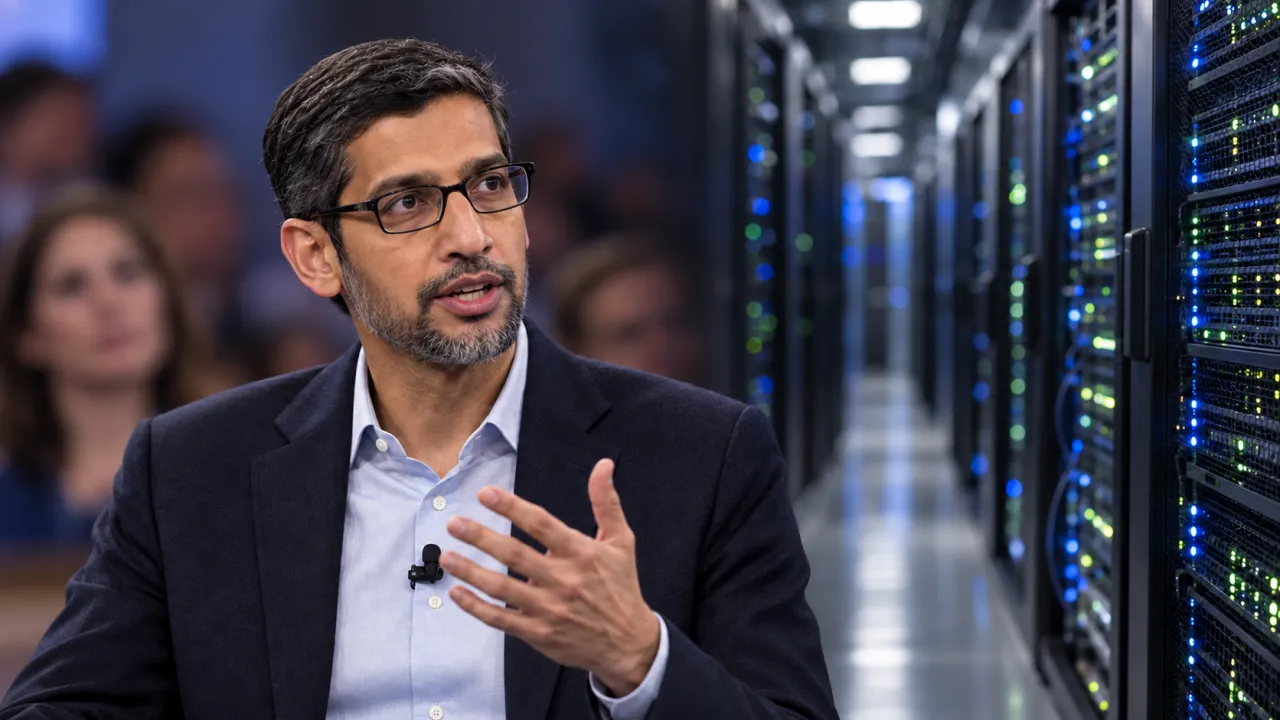 Illustration photoréaliste générée par IA : Sundar Pichai en pleine intervention publique, la main levée, dans un montage fondu avec un couloir de centre de données aux baies allumées.