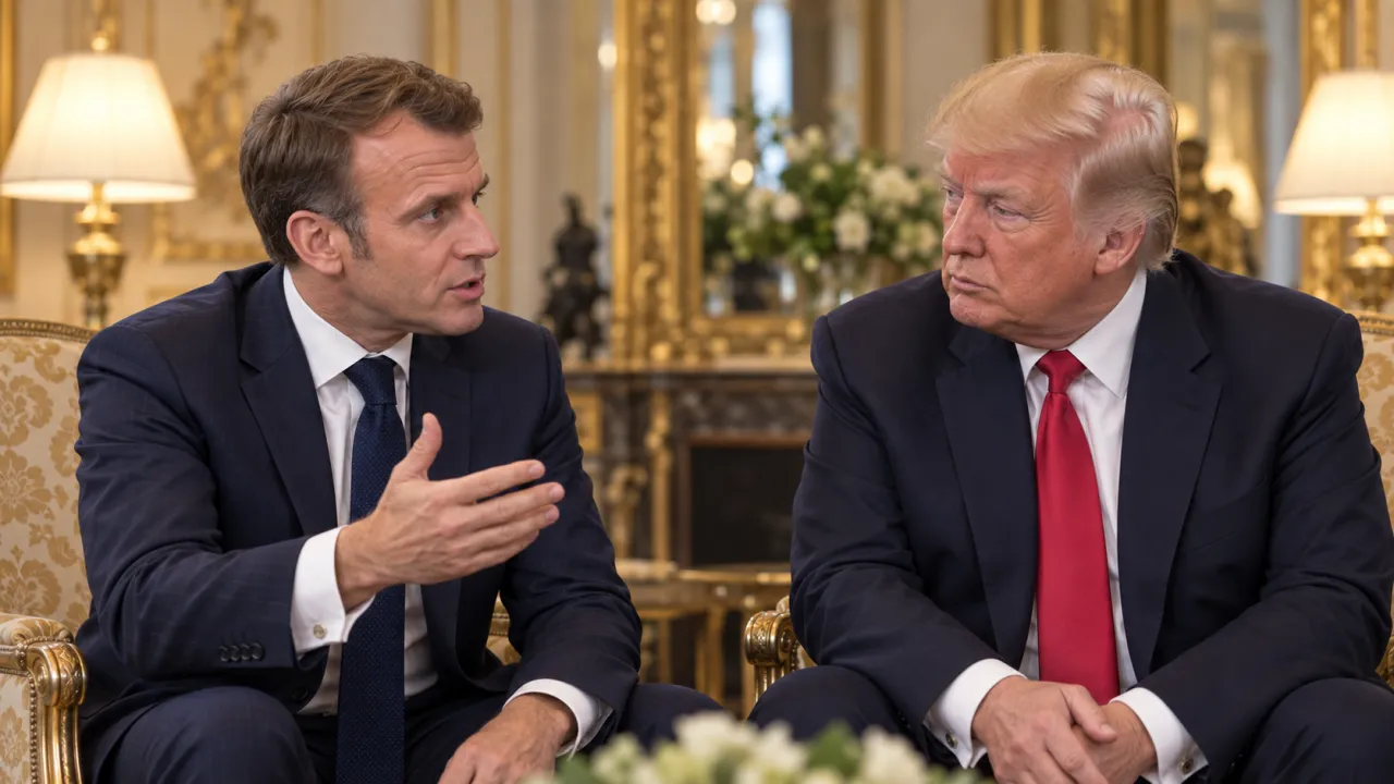 Illustration générée par IA : Emmanuel Macron parle, penché en avant et une main ouverte, tandis que Donald Trump l’écoute dans un salon doré aux miroirs ornés.