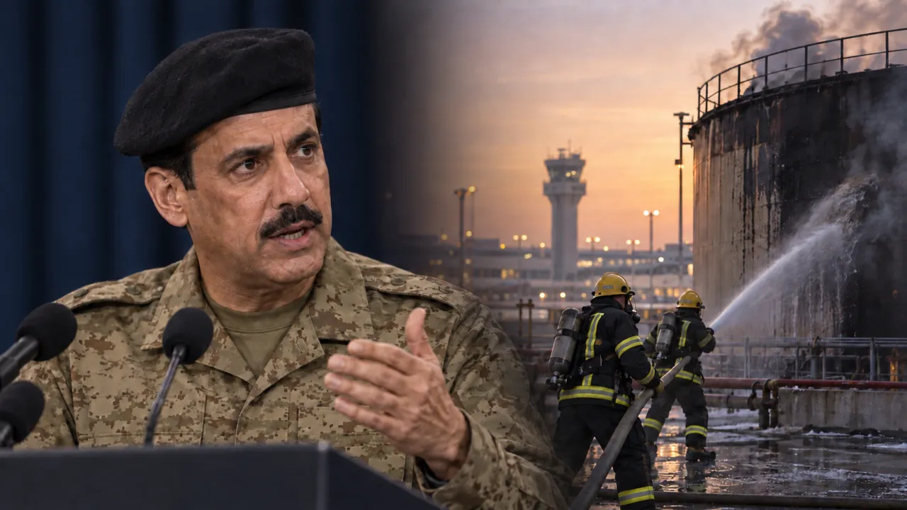 Illustration photoréaliste générée par IA : Turki al-Malki en conférence de presse, dans une scène fondue avec des pompiers arrosant un réservoir de carburant noirci et fumant près d’un aéroport au petit matin.