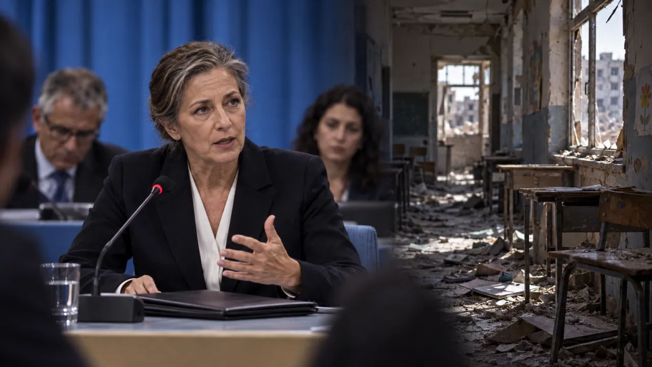 Illustration générée par IA : présentation d’un rapport international et bâtiment scolaire endommagé.