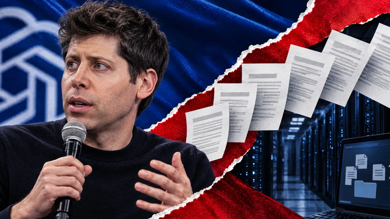 Photomontage illustratif : Sam Altman, des rapports et des serveurs informatiques.