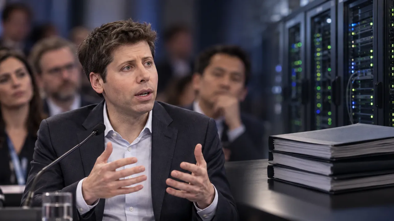 Illustration photoréaliste générée par IA : Sam Altman, des rapports et des serveurs informatiques.