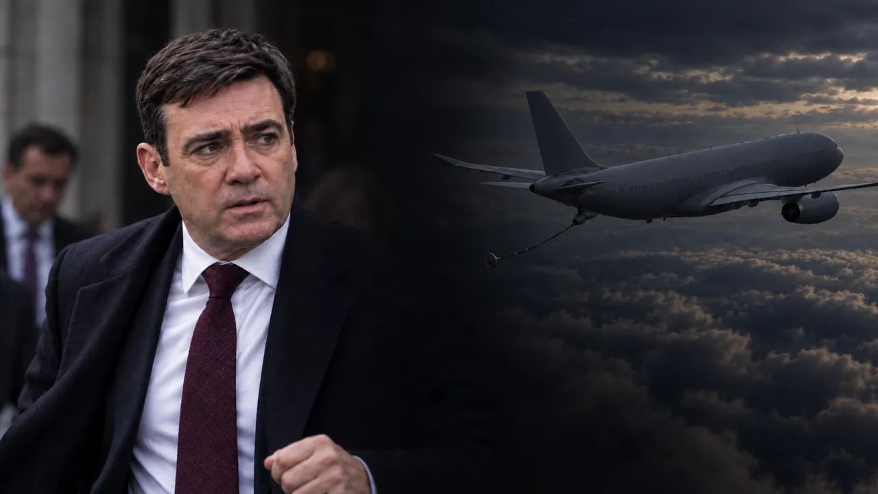 Illustration générée par IA : Andy Burnham en mouvement à la sortie d’un bâtiment gouvernemental, son manteau se fondant progressivement dans une pénombre qui révèle un ravitailleur Voyager au-dessus des nuages, dispositif de ravitaillement déployé.
