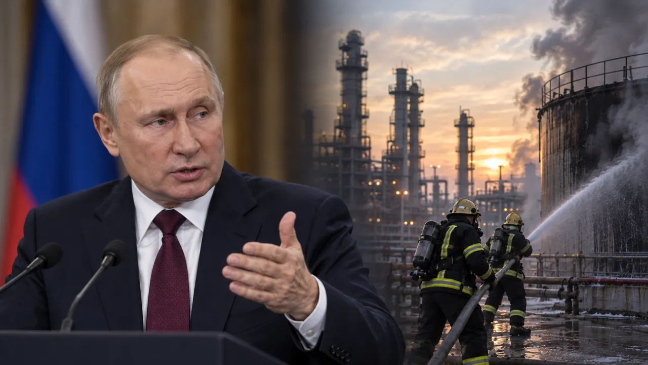 Illustration générée par IA : Vladimir Poutine prend la parole, dans une scène distincte fondue avec des pompiers arrosant une installation de raffinage fumante à l’aube.
