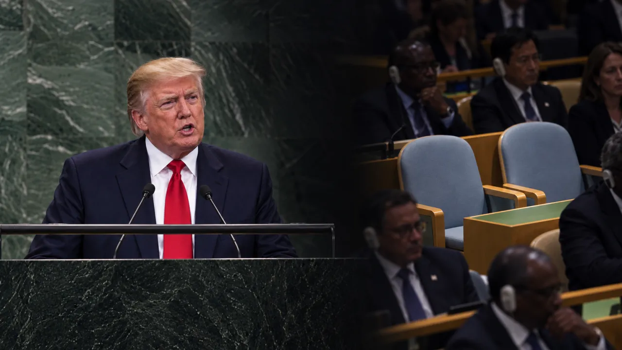 Illustration générée par IA : Donald Trump s'exprime au pupitre de marbre vert de l'ONU ; un fondu sombre conduit vers deux fauteuils de délégation vides parmi des sièges occupés.