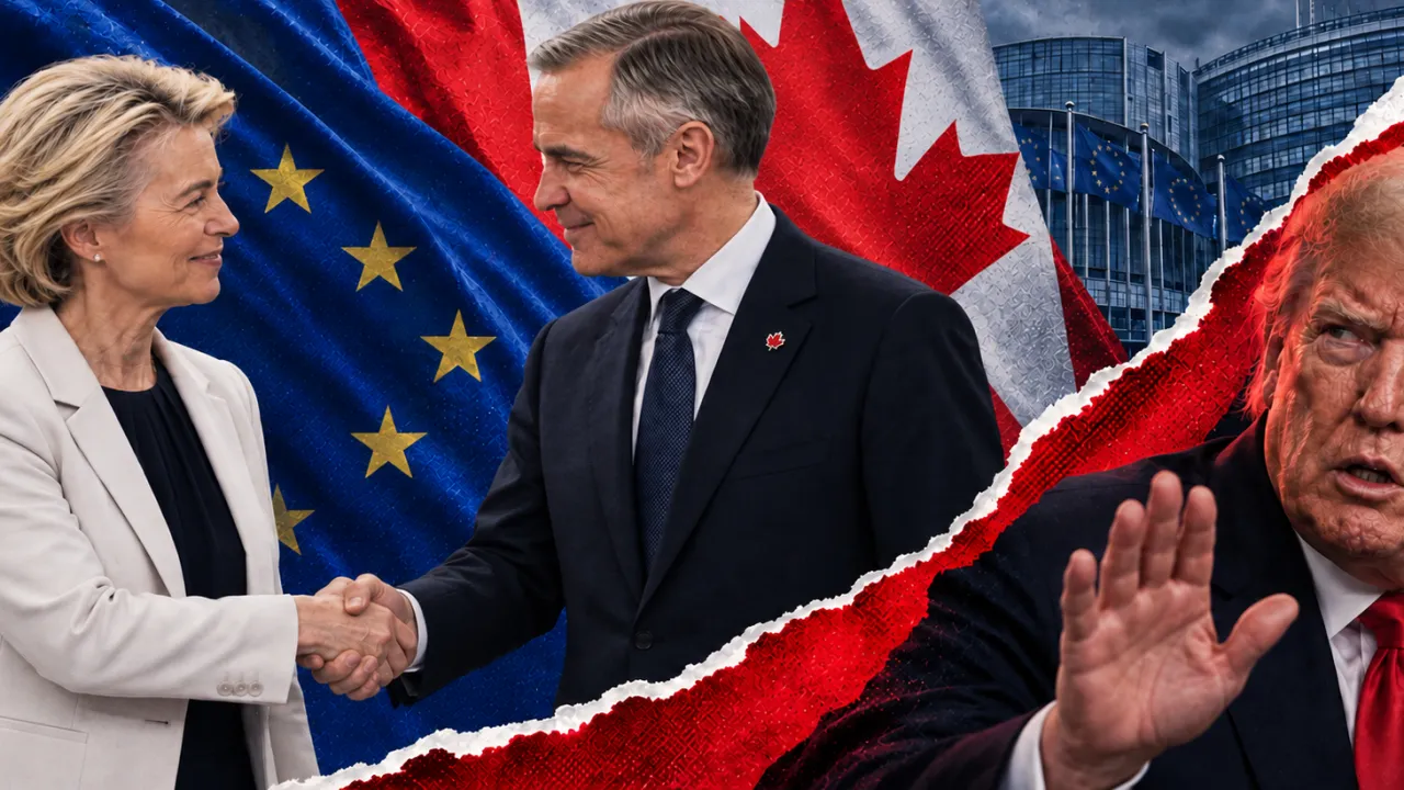 Photomontage illustratif : Ursula von der Leyen et Mark Carney se serrent la main, face à Donald Trump.