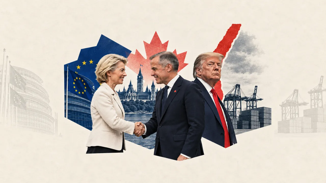 Collage éditorial illustratif sur papier : Ursula von der Leyen et Mark Carney se serrent la main, face à Donald Trump.