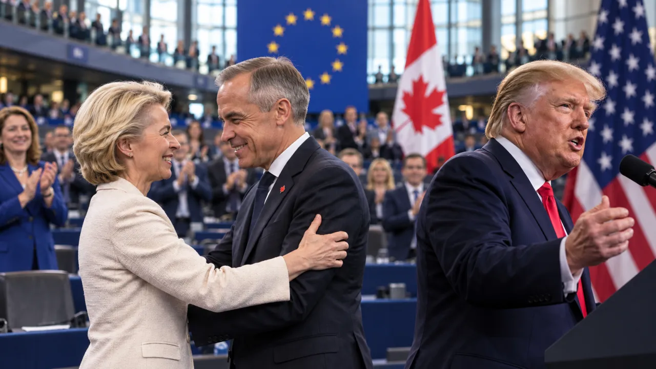 Illustration photoréaliste générée par IA : Ursula von der Leyen et Mark Carney se serrent la main, face à Donald Trump.