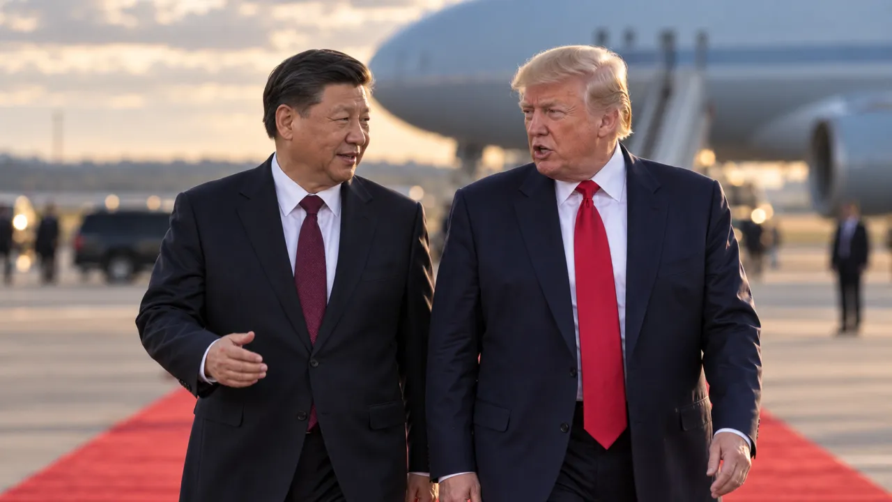 Illustration générée par IA : Xi Jinping et Donald Trump marchent en conversation sur un tapis rouge à Joint Base Andrews, devant un avion flou, sous une lumière de fin de journée.